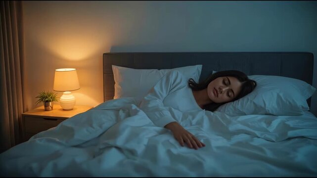Young woman sleeping peacefully in dimly lit bedroom with warm bedside lamp glow and white bedding