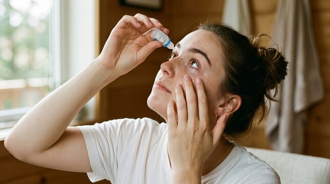 Young woman applying eye drops