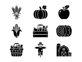 Set of simple black icons for autumn harvest farm pumpkin apple corn and agriculture symbols © alien AZ