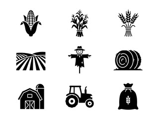 Set of black farm and agriculture icons featuring tractor corn wheat barn and harvest symbols © alien AZ