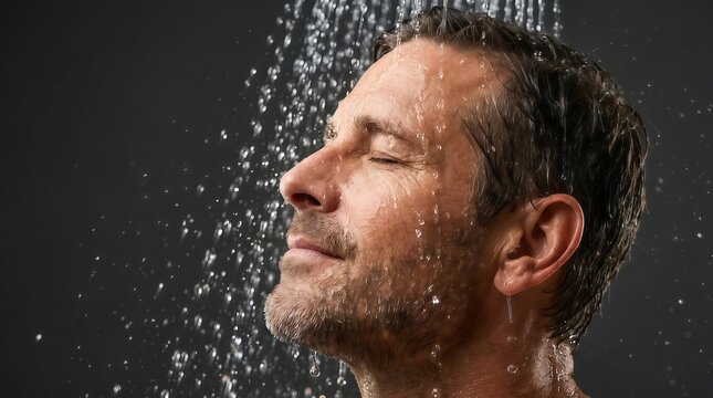Man with a beard taking a refreshing shower