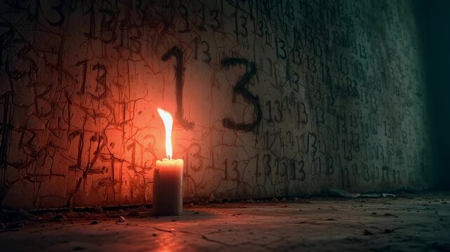 Spooky candle lighting a dark wall with number 13 in apartment. 4K Video
