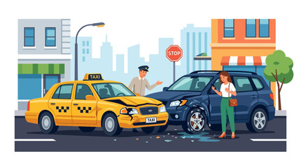 Naklejka premium Car accident scene with damaged taxi and SUV, driver and passenger talking