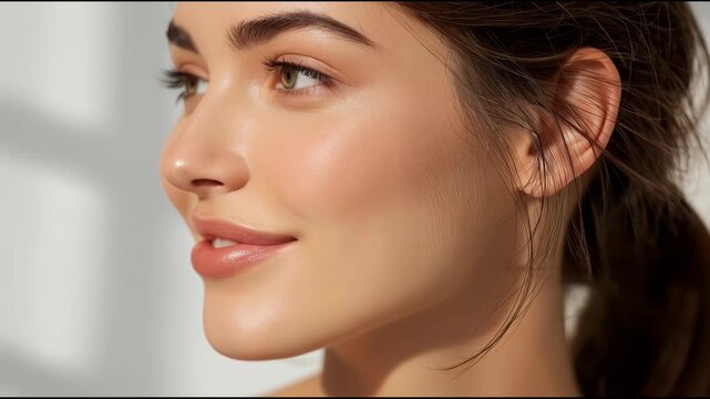 Radiant young woman portrait close up profile with dewy skin soft smile natural light