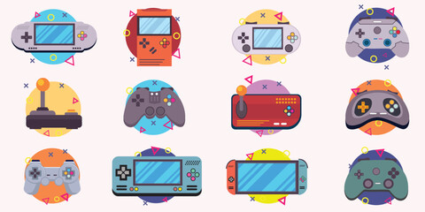 Retro gamepad and classic video game console icon set collection flat vector illustration design. © Dani