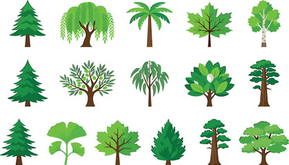 Fototapeta premium Vibrant green tree icons set featuring flat design pine, palm, willow, olive, ginkgo, birch, oak, and evergreen forest plants for botanical nature layout graphics.