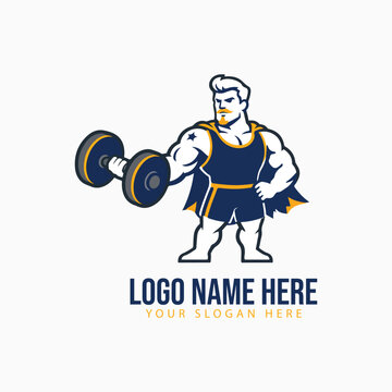 Superhero bodybuilder mascot logo, Strong man lifting dumbbell fitness gym flat vector illustration