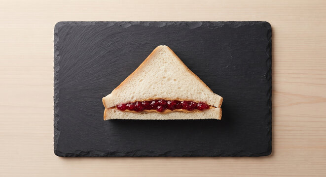 A minimalist presentation of a single PB&J triangle centered on a matte black ceramic slate. The stark contrast between the bright, saturated ruby-red of the jelly and the dark