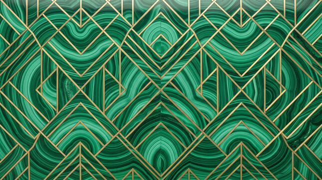Opulent Art Deco Geometric Pattern on Green Malachite Mineral Texture, Luxury Gold Lines Chevron Grid on Polished Precious Stone Backdrop for Elegant 1920s Gatsby Design
