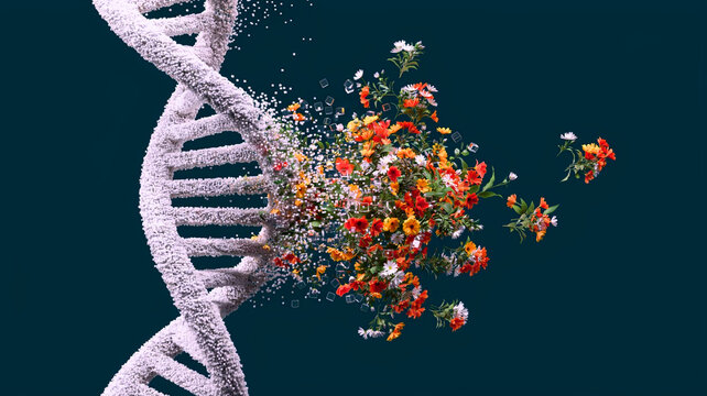 DNA helix bursting into beautiful colorful flowers, genetic modification concept illustration