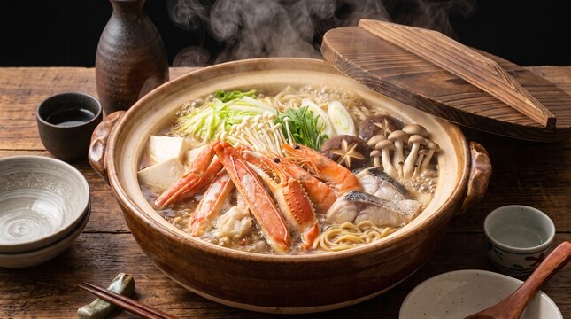 Traditional Japanese crab hot pot served in a rustic earthenware clay pot.