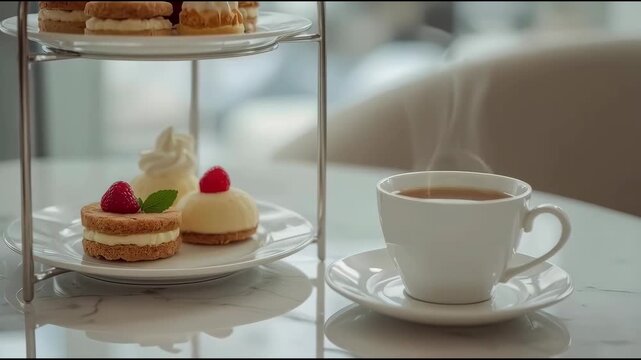 Steamed tea cup and saucer with layered pastries two tier stand dessert pastry cup plate cozy