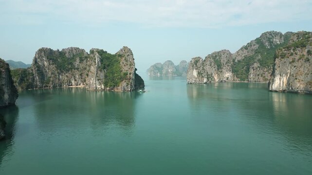 Bai Tu Long Bay Aerial View with Limestone Karsts and Green Water