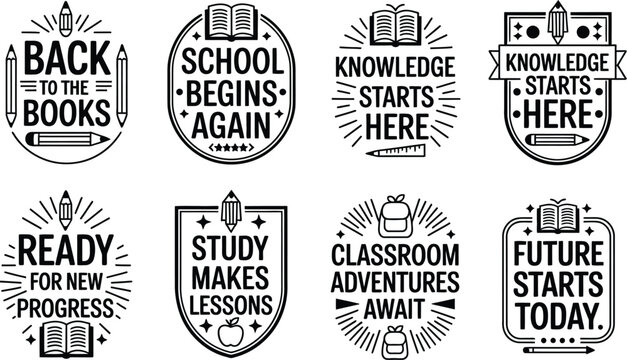 Vintage back to school badges collection, retro education labels with motivational quotes, black and white school vector emblems for student stationery