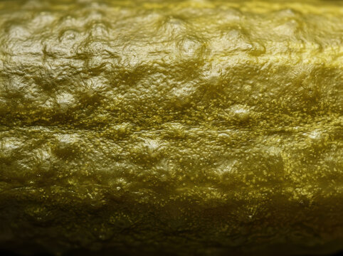 Macro texture of brine pickled cucumber skin with bumps and yellowish green details