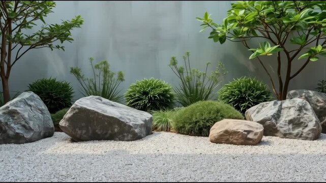 Zen rock gravel shrub tree garden raked gravel ornamental rocks natural boulders lush green shrubs