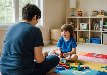 Obraz premium Child Development Specialist Playing With Boy Using Building Blocks on Colorful Play Mat 
