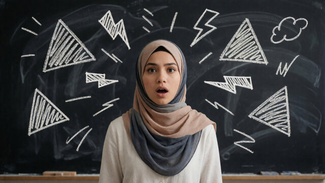 Stressed Muslim woman with shocked expression, overwhelmed student in front of chalkboard, anxious female in hijab with chaotic chalk drawings
