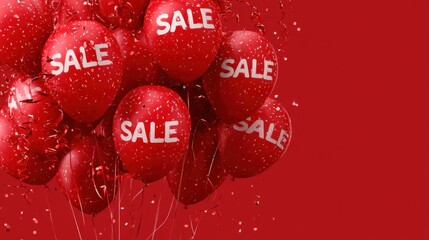 Fototapeta premium Red sale balloons with confetti and ribbons for shopping promotion and discount celebration