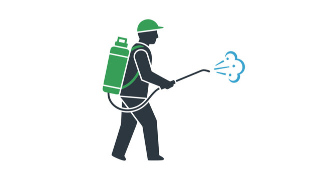 Worker spraying pesticide with backpack sprayer illustration.