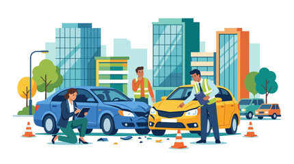 Naklejka premium Car Accident Investigation in City; Damage Assessment and Insurance Claims