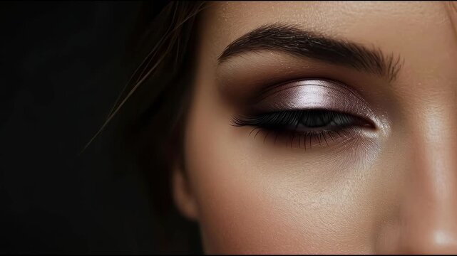Sultry closeup eye makeup portrait with metallic mauve eyeshadow eyelash eyelid eyeshadow cosmetic