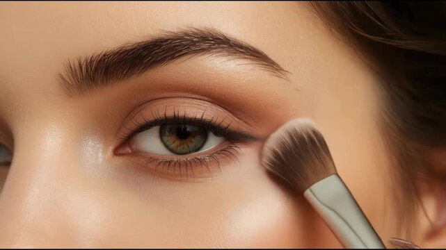 Soft brown eye makeup brush applying shimmer highlight with natural flawless brown eye makeup