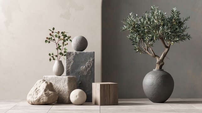 A serene still life arrangement with natural elements and minimalist decor