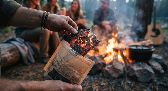 A lifestyle food photograph of a bag of beef jerky being opened by a campfire at dusk. 