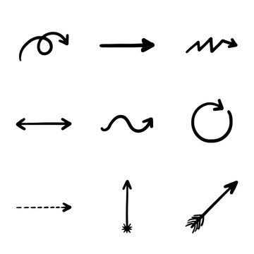 Collection of varied hand-drawn arrow symbols in different styles and directions isolated on transparent background