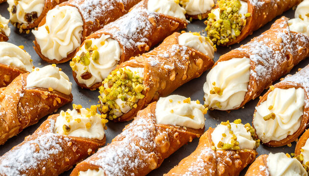 Traditional Sicilian cannoli pastries filled with sweet ricotta cream and topped with pistachios