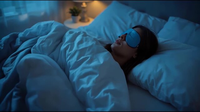 Sleeping woman wearing blue eye mask sleeping in cozy bed with blanket in dim bedroom
