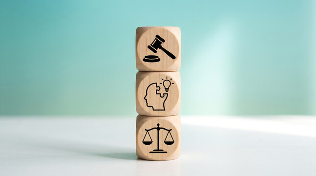 Law, justice, and legal icons on wooden blocks, symbolizing fairness and judgment