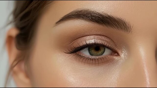 Close up closed eye glossy eyelid groomed eyebrow soft skin glow hazel eye natural makeup delicate