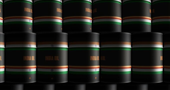 India oil business and fuel extraction barrels in row seamless and loopable concept. Indian petrol industrial containers.
