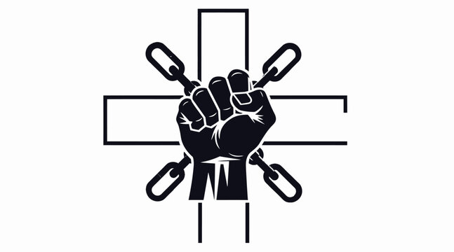 Fist breaking chains and cross, symbol of faith and freedom, protest graphic