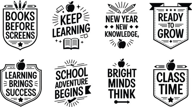 Collection of eight motivational education related emblems with text and icons