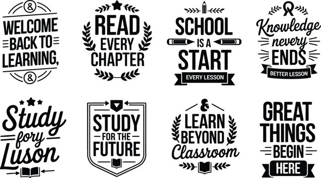Collection of motivational educational phrases and symbols for back to school learning