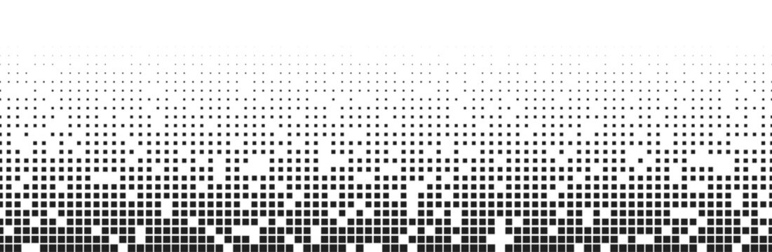 Retro 8-bit dissolving square gradient background. Monochrome pixel halftone texture. Abstract geometric disintegrating block pattern. Black and white random square screentone
