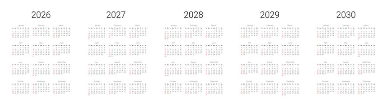 English 2026, 2027, 2028, 2029, 2030 calendar start from Sunday. Vector illustration design template for USA, Canada.