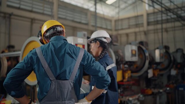 Two workers stand beside heavy machinery in a factory. One wears a yellow helmet, the other a white one. They appear focused, observing equipment closely. The scene suggests teamwork