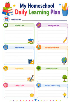 Colorful homeschool daily learning plan template for kids with sections for reading, math, science, and outdoor activity