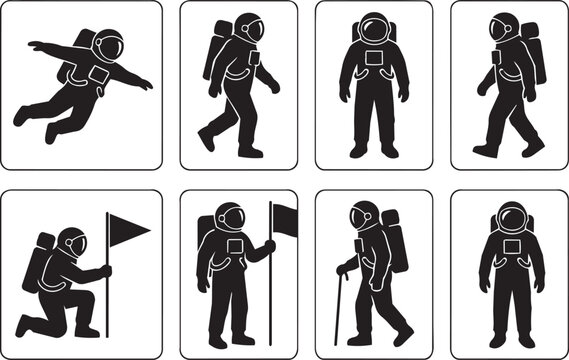 Astronaut vector silhouettes in various poses for space exploration concept design