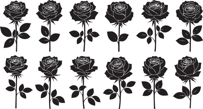 Black rose silhouettes in a clean pattern against a white background vector illustration