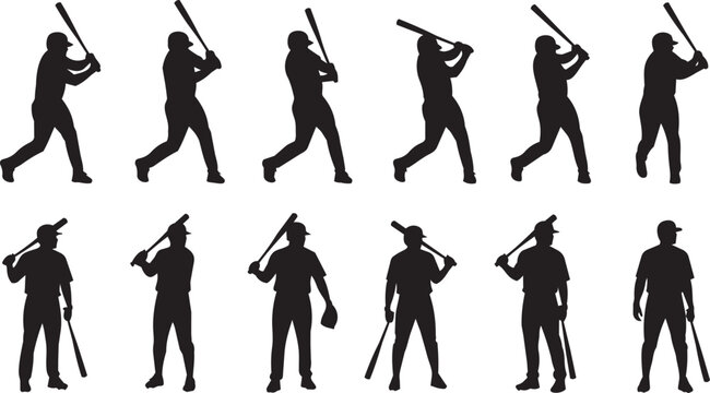 Baseball players swinging bats in silhouette during a game for sports concepts