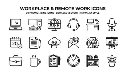 Fototapeta premium Workplace and remote work icons set