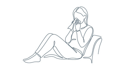 Obraz premium Continuous line drawing of a sick woman blowing her nose with a tissue