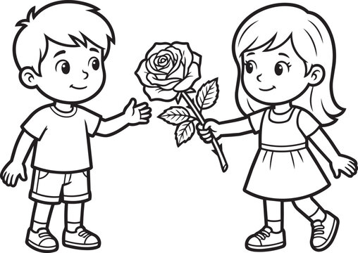 Boy giving rose to girl in silhouette vector illustration for love concept