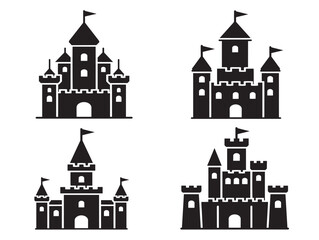 Fototapeta premium Black silhouette castle logo icons set featuring medieval fortress towers