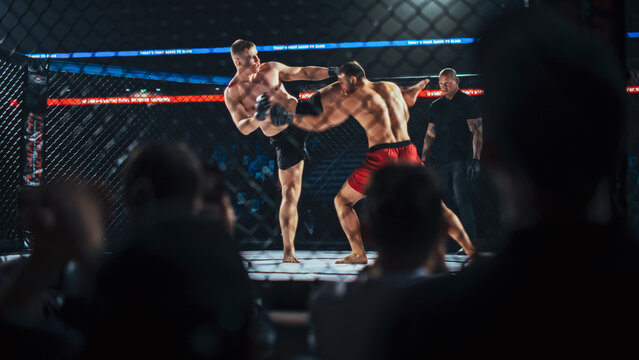 MMA Fighters Battle in a Cage Fight, Trading a Hard Kick and Punch as a Referee Watches and the Crowd Reacts. Competitive Championship Title Bout With Strong Strikes and Defense.